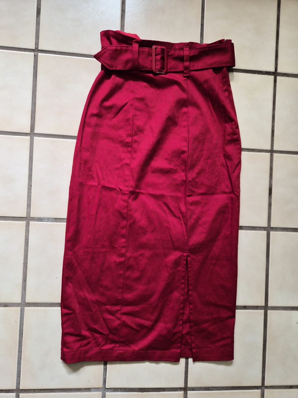 High-Waist Red Pencil Skirt with Self-Tie Belt